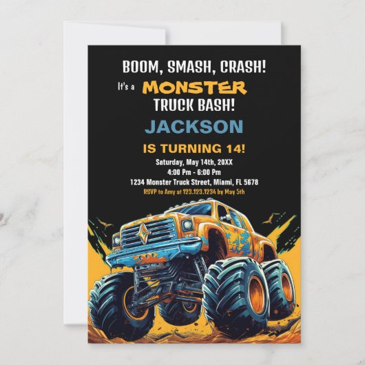 Monster Truck Verjaardagsuitnodigingen Sinaasappel Kaart (Voorkant)