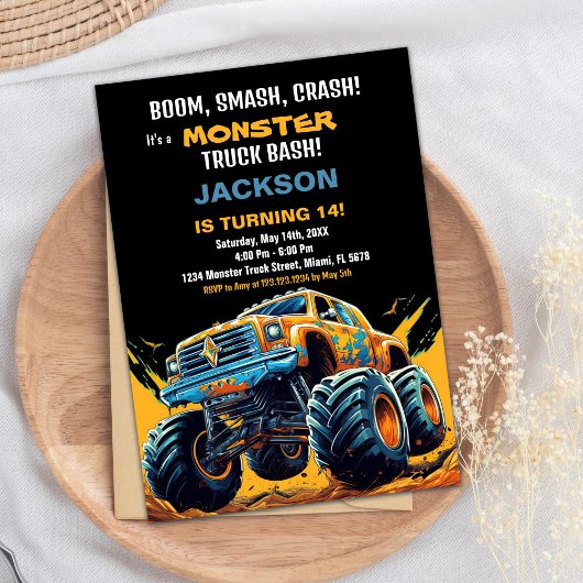 Monster Truck Verjaardagsuitnodigingen Sinaasappel Kaart