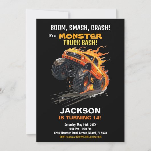 Monster Truck Verjaardagsuitnodigingen Sinaasappel Kaart (Voorkant)