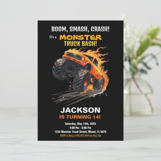 Monster Truck Verjaardagsuitnodigingen Sinaasappel Kaart (Staand voorkant)