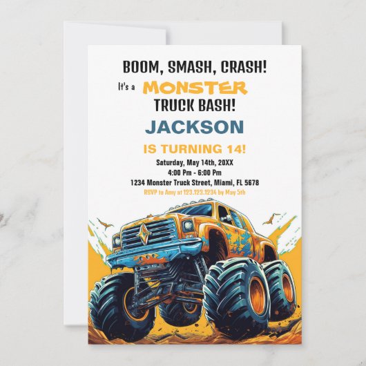 Monster Truck Verjaardagsuitnodigingen Sinaasappel Kaart (Voorkant)