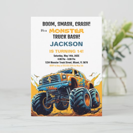 Monster Truck Verjaardagsuitnodigingen Sinaasappel Kaart (Staand voorkant)