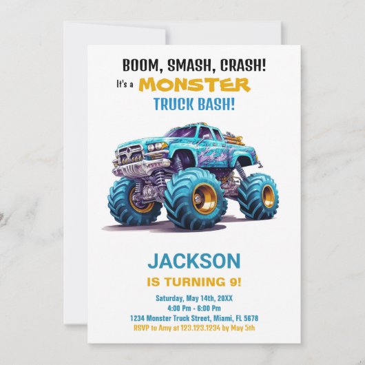 Monster Truck verjaardagsuitnodigingen Sinaasappel Kaart (Voorkant)