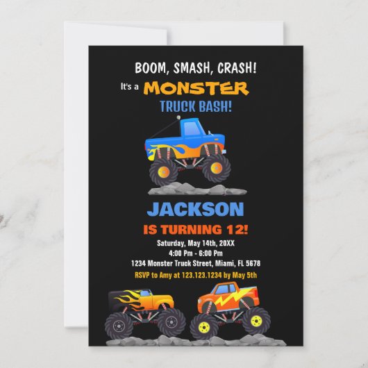 Monster Truck Verjaardagsuitnodigingen Zwart Kaart (Voorkant)