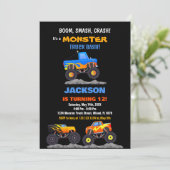 Monster Truck Verjaardagsuitnodigingen Zwart Kaart (Staand voorkant)