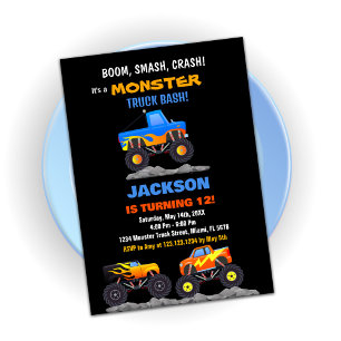 Monster Truck Verjaardagsuitnodigingen Zwart Kaart