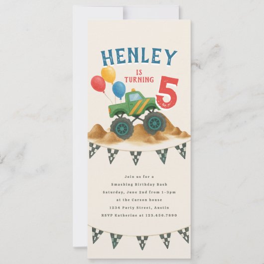 Monster Truck Waterverf Kids Verjaardagsfeest Kaart (Voorkant)