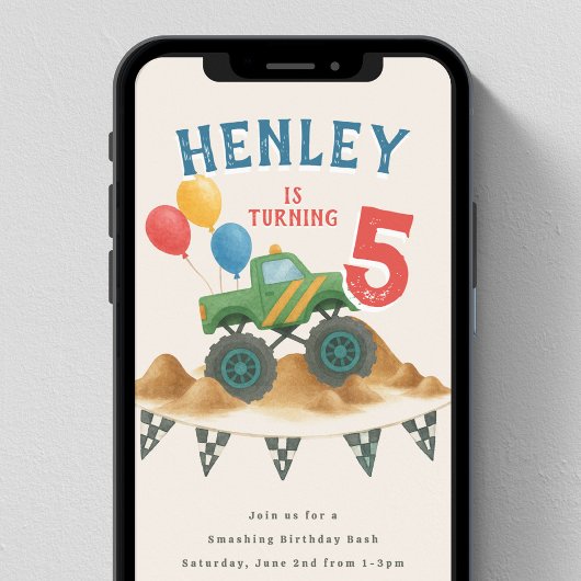 Monster Truck Waterverf Kids Verjaardagsfeest Kaart