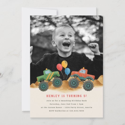 Monster Truck Waterverf Kinder foto verjaardagsfee Kaart (Voorkant)