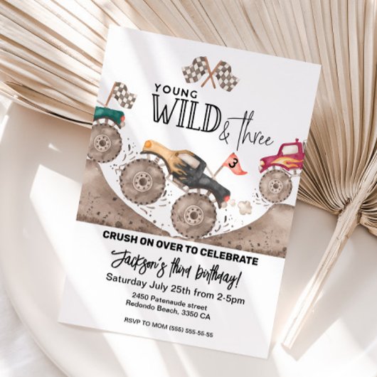 Monster Truck Young Wild Three Birthday invite  Kaart
