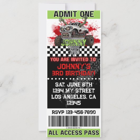 Monster Truck Zombie Uitnodiging (Voorkant)