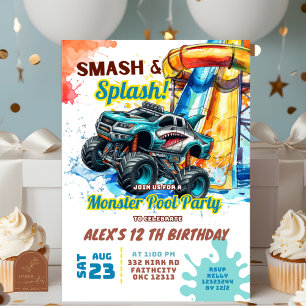 Monster Truck Zwembad Feest Verjaardagsuitnodiging Kaart