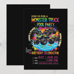 Monster Truck Zwembad Feest Verjaardagsuitnodiging Kaart