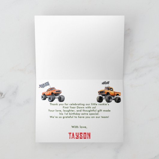 Monster Trucks 1e verjaardag Bedankkaart (Binnen)