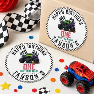 Monster Trucks 1e Verjaardag Vroom Feest Ronde Sticker