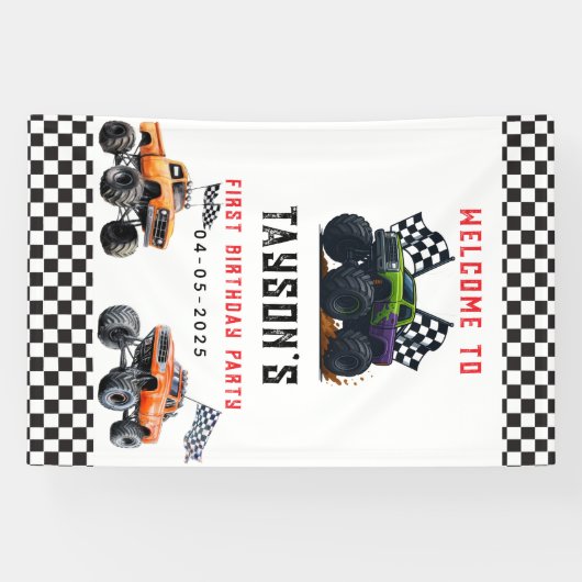 Monster Trucks 1st Birthday Party Banner – Vroom (Horizontaal)
