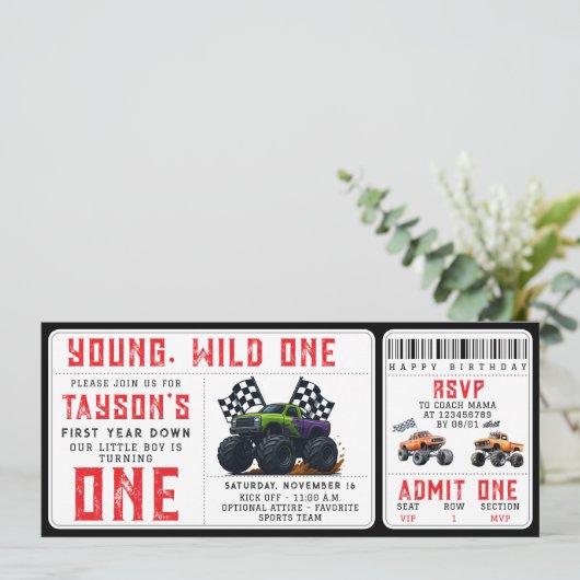 Monster Trucks 1st Birthday Ticket Invitation  Kaart (Staand voorkant)