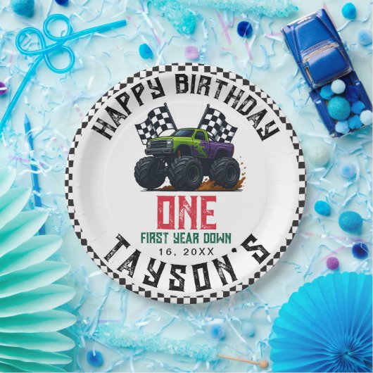 Monster Trucks 1st Birthday Vroom Party Papieren Bordje (Feest)