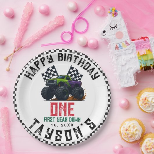 Monster Trucks 1st Birthday Vroom Party Papieren Bordje (Feest)