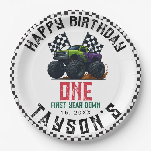 Monster Trucks 1st Birthday Vroom Party Papieren Bordje (Voorkant)