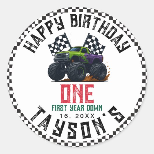 Monster Trucks 1st Birthday Vroom Party Ronde Sticker (Voorkant)