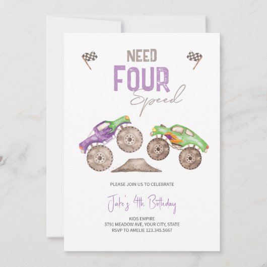 Monster Trucks Bash Verjaardag Uitnodiging elke le (Voorkant)