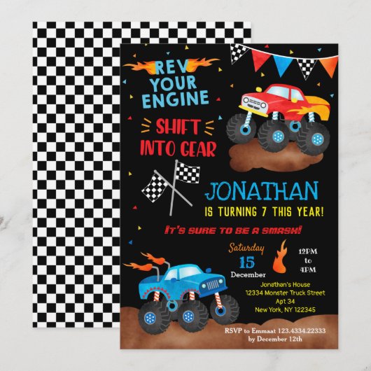 Monster Trucks Birthday Invitations for boy Trucks Kaart (Voorkant / Achterkant)