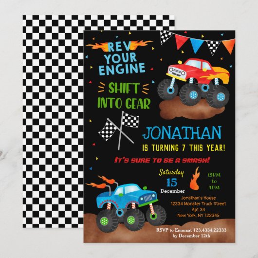 Monster Trucks Birthday Invitations for boy Trucks Kaart (Voorkant / Achterkant)