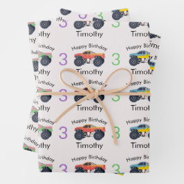 Monster Trucks Boy's Name & Age Verjaardag Inpakpapier Vel