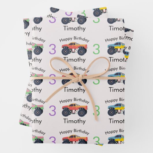 Monster Trucks Boy's Name & Age Verjaardag Inpakpapier Vel (In situ)