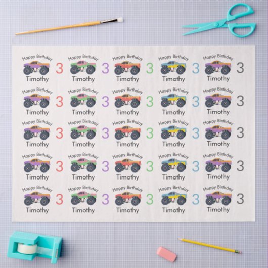 Monster Trucks Boy's Name & Age Verjaardag Tissuepapier (Craft)