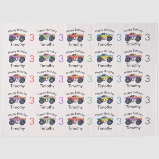 Monster Trucks Boy's Name & Age Verjaardag Tissuepapier (Voorkant)