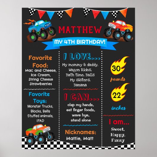 Monster Trucks Cars Birthday Milestone Sign Poster (Voorkant)