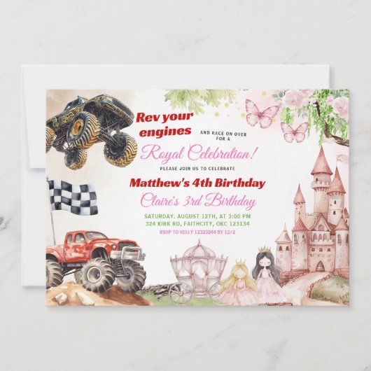 Monster Trucks en Prinsessen gezamenlijke verjaard Kaart (Voorkant)