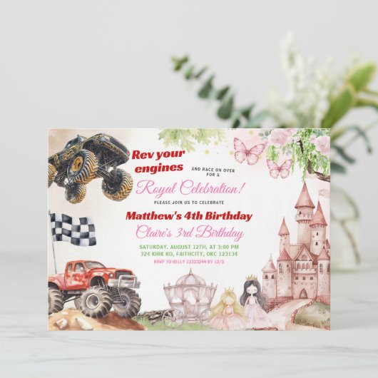 Monster Trucks en Prinsessen gezamenlijke verjaard Kaart (Staand voorkant)