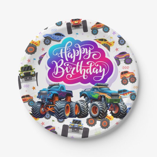 Monster Trucks Gelukkige Verjaardag Papieren Bordje (Voorkant)