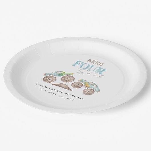 Monster Trucks Groene Blauwe Verjaardagspapier Bor Papieren Bordje (Gekanteld)