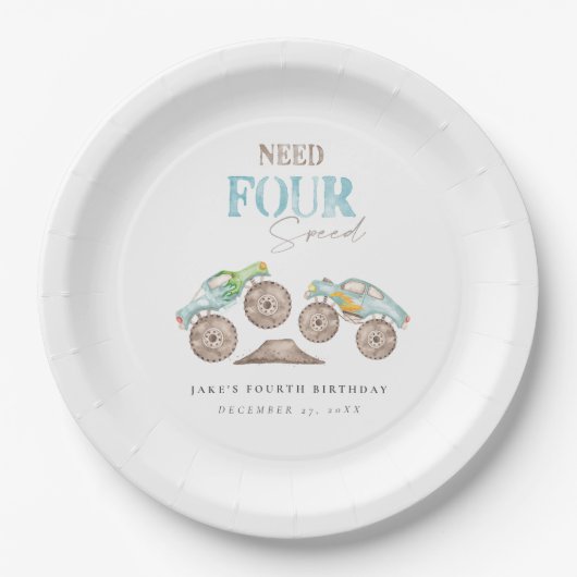 Monster Trucks Groene Blauwe Verjaardagspapier Bor Papieren Bordje (Voorkant)