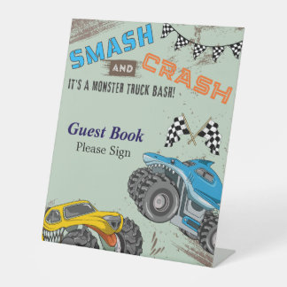 Monster Trucks Jongens Verjaardagsfeestje Gastboek Reclamebord Met Voetstuk