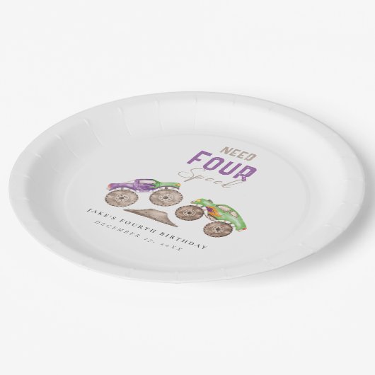 Monster Trucks Paarse Groene Verjaardagspapier Bor Papieren Bordje (Gekanteld)