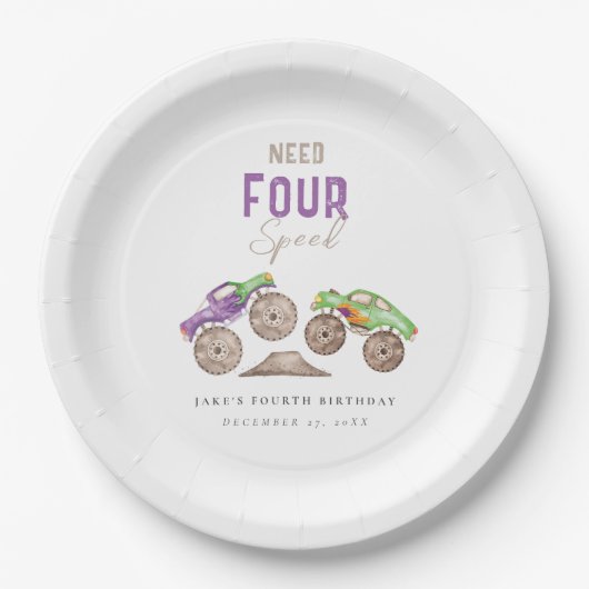 Monster Trucks Paarse Groene Verjaardagspapier Bor Papieren Bordje (Voorkant)