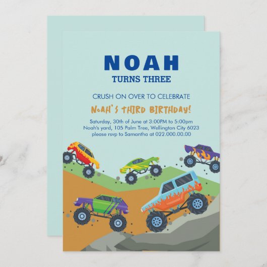 Monster Trucks Thema Verjaardag Uitnodiging 5 "x7" (Voorkant / Achterkant)