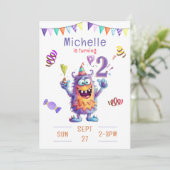 Monster twee jaar verjaardag uitnodiging (Staand voorkant)