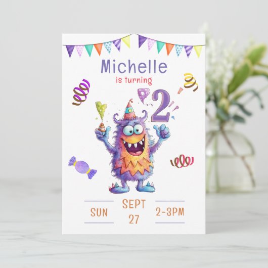 Monster twee jaar verjaardag uitnodiging (Staand voorkant)