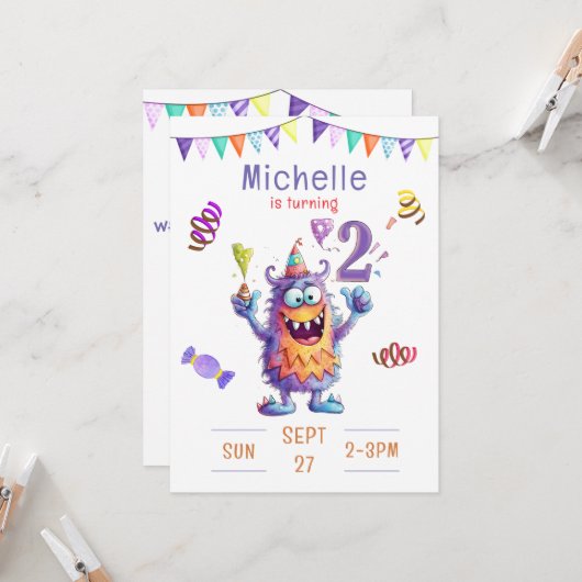 Monster twee jaar verjaardag uitnodiging (Voorkant / Achterkant in situ)