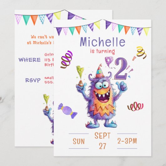 Monster twee jaar verjaardag uitnodiging (Voorkant / Achterkant)
