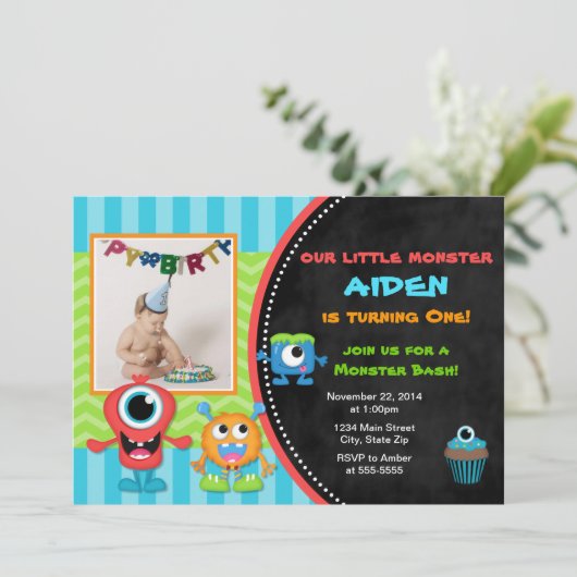 Monster Verjaardag Uitnodiging Jongen 1e Verjaarda (Staand voorkant)