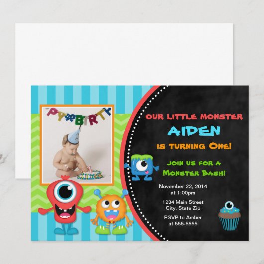 Monster Verjaardag Uitnodiging Jongen 1e Verjaarda (Voorkant / Achterkant)