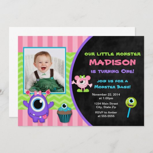 Monster Verjaardag Uitnodiging Monster Girl Uitnod (Voorkant / Achterkant)