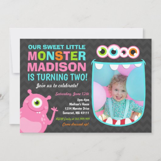 Monster Verjaardag Uitnodiging Roze Monster Party (Voorkant)